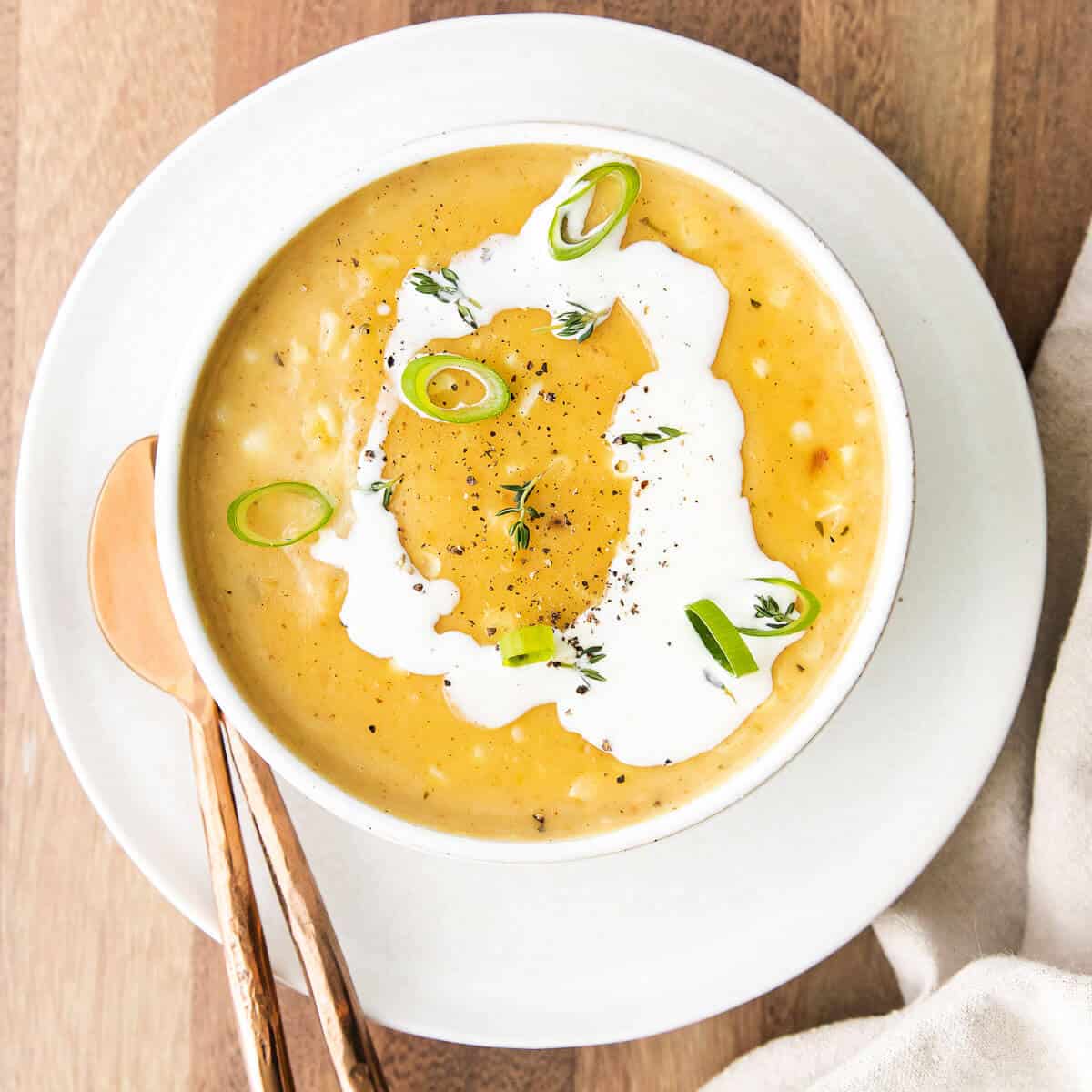 white bowl with corn chowder