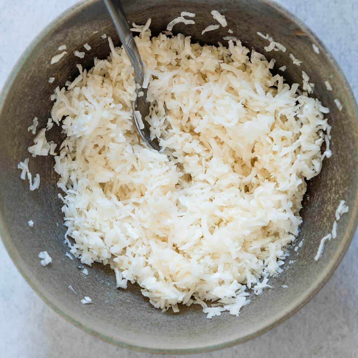 shredded coconut filling in a bowl