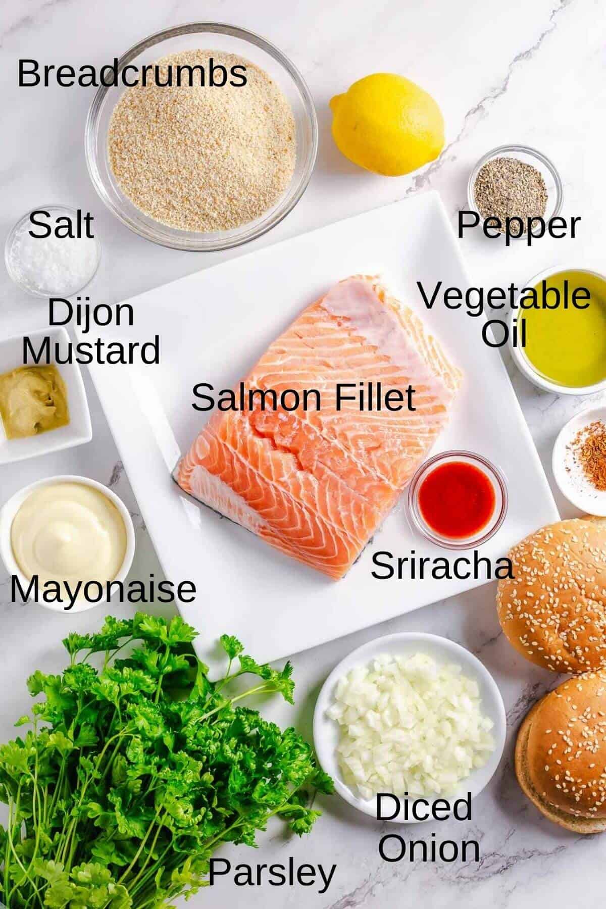 Ingredients for making fresh salmon burgers