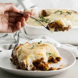 a serving of lentil shepherds pie on a white plate