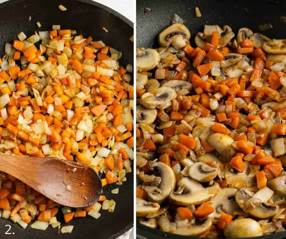 sauteing onion, garlic and mushroom in a skillet