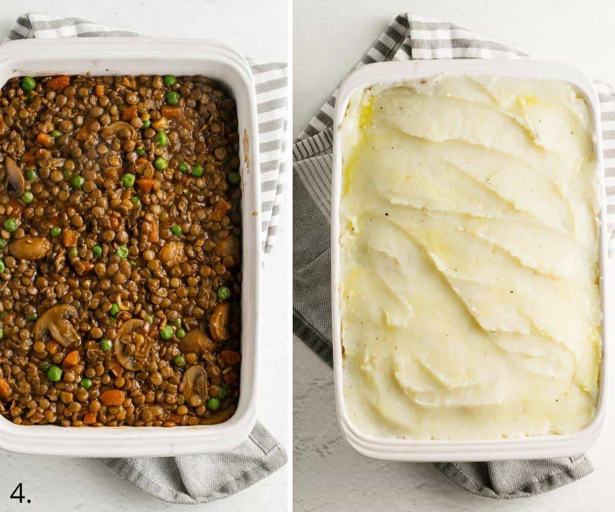lentils in a casserole dish with mash on top