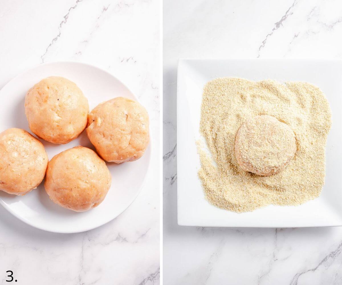 rolling salmon patties in bread crumbs