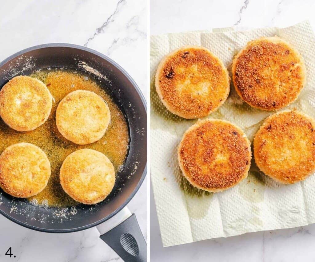Salmon patties cooking in a pan and resting on cooking paper after cooking