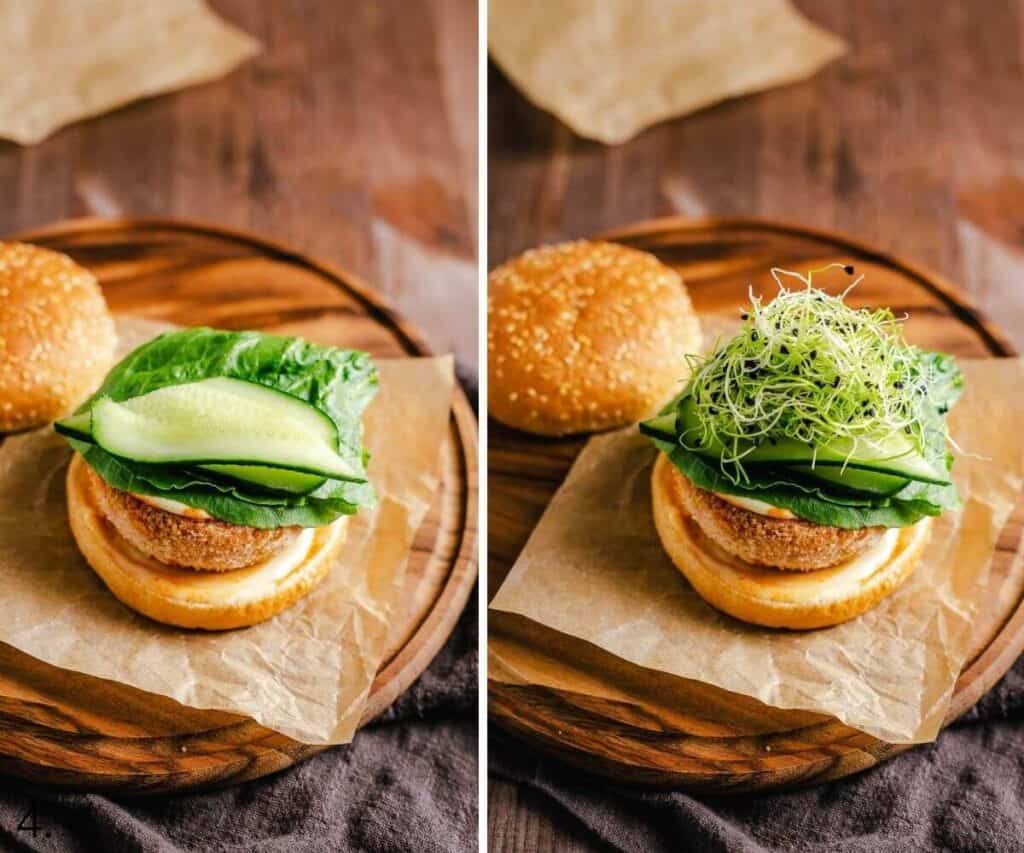 salmon patty and salads on burger bun