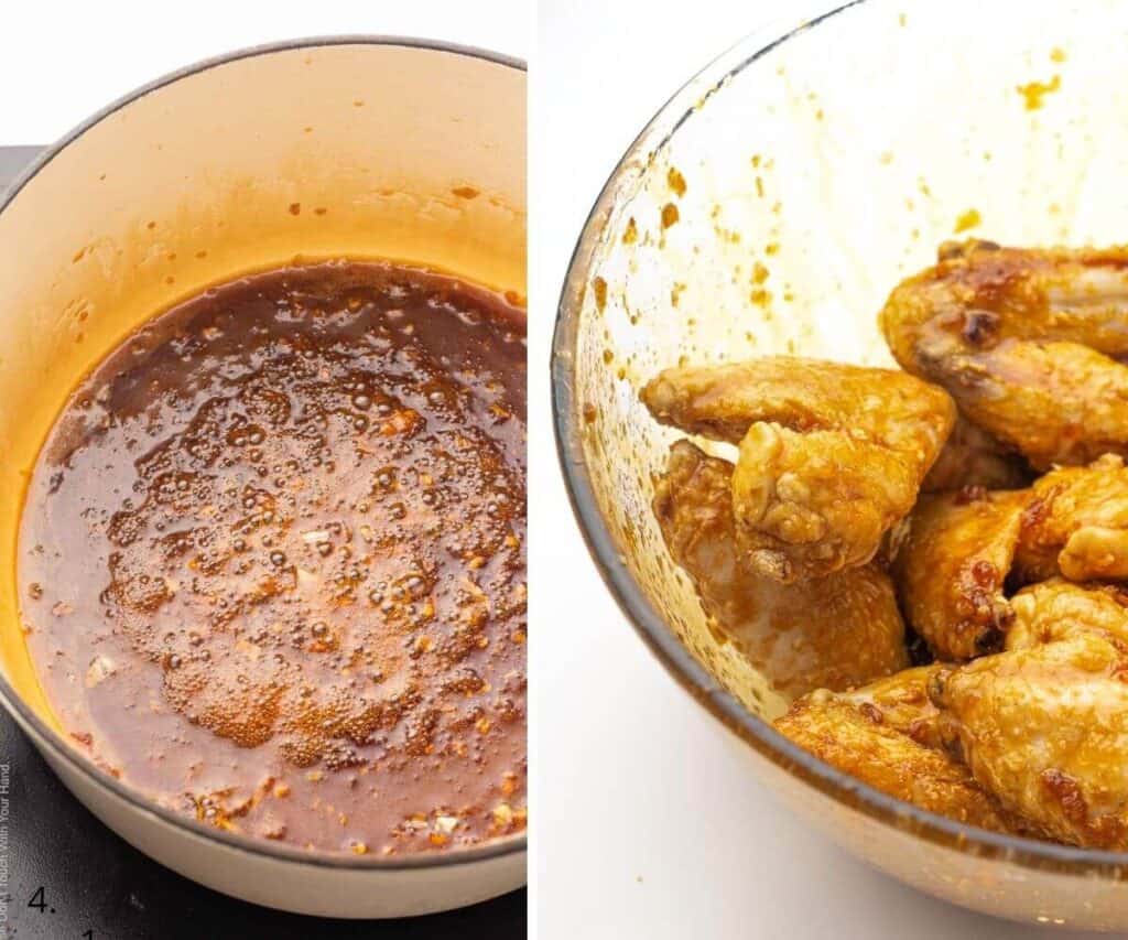 Preparing honey soy glaze in a pot on stove