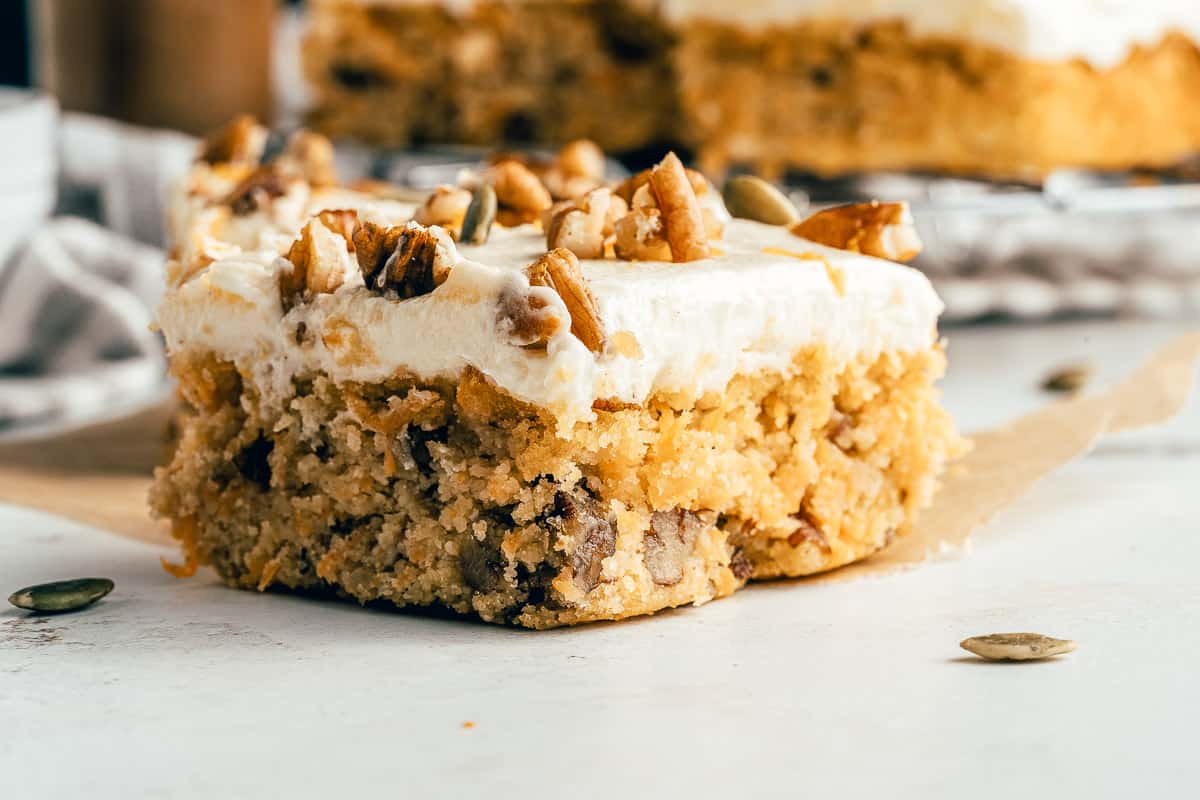 Carrot cake square with cream cheese frosting