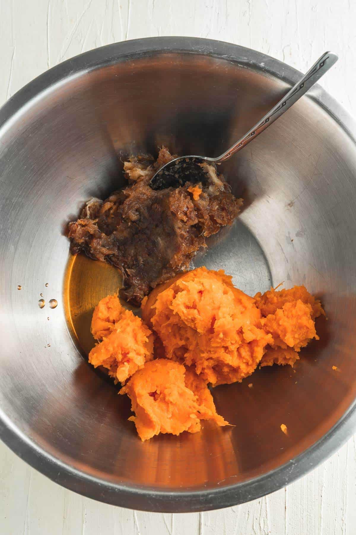 mixing date puree and sweet potato in a bowl