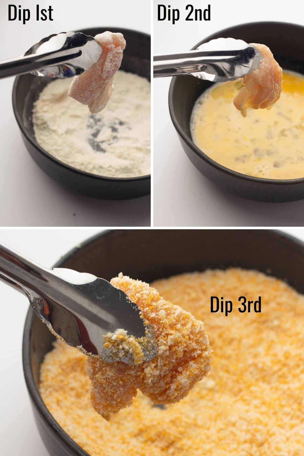 dipping chicken nuggets into breading