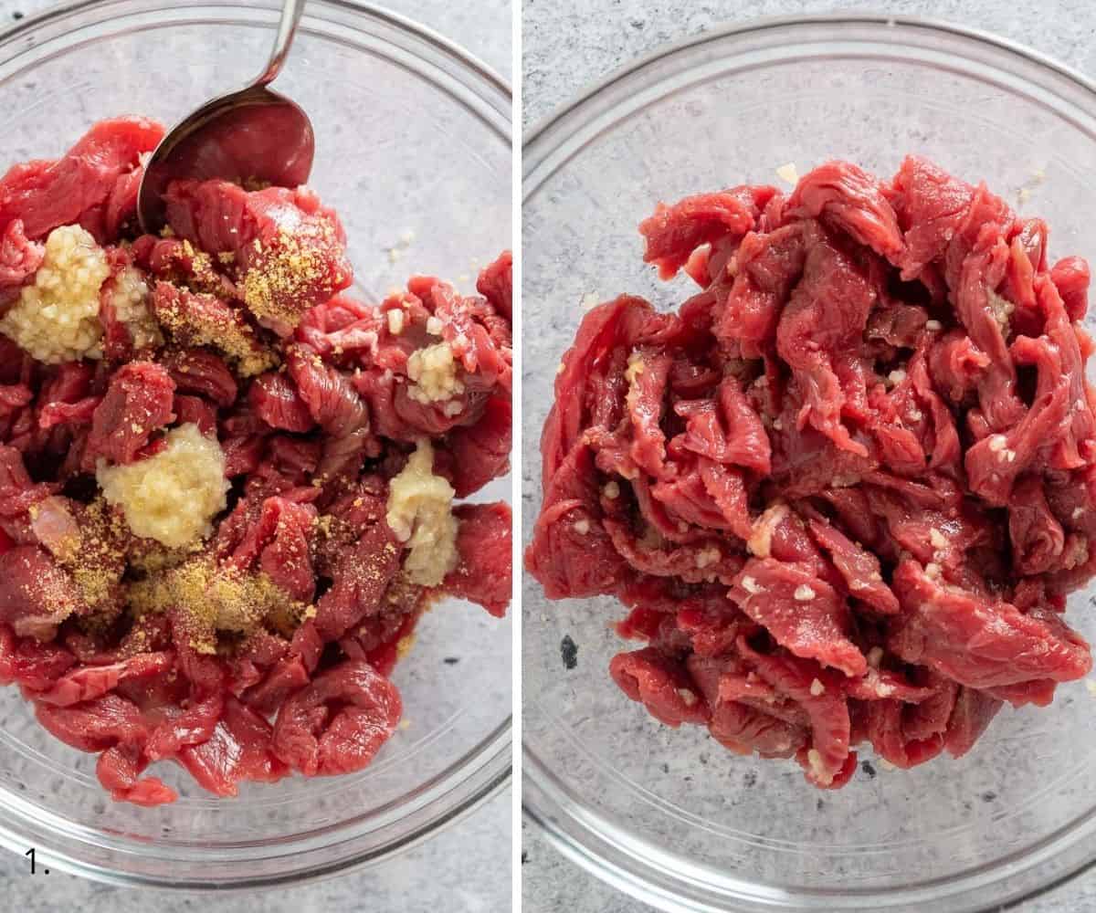 beef strips in a bowl with garlic