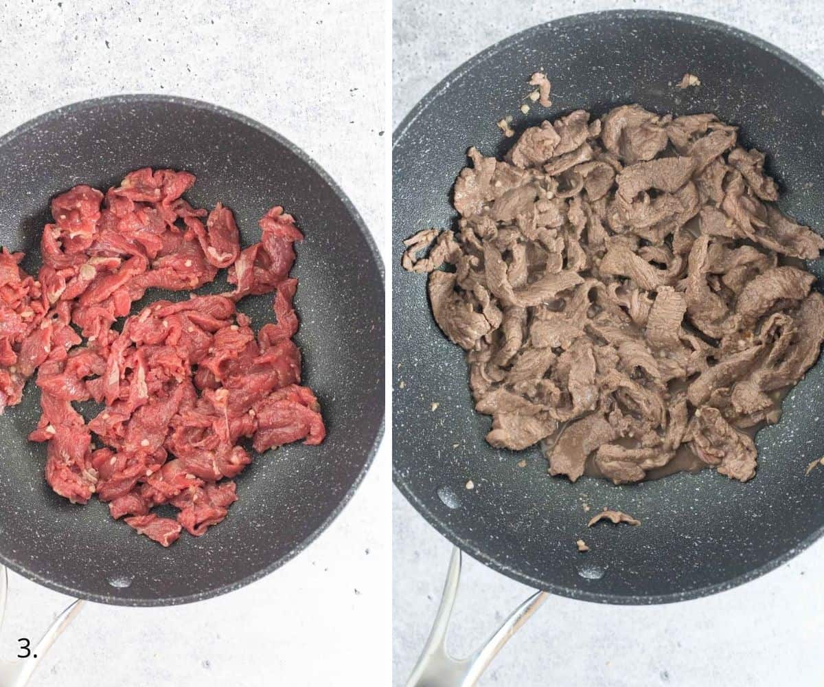 cooking beef strips in a pan