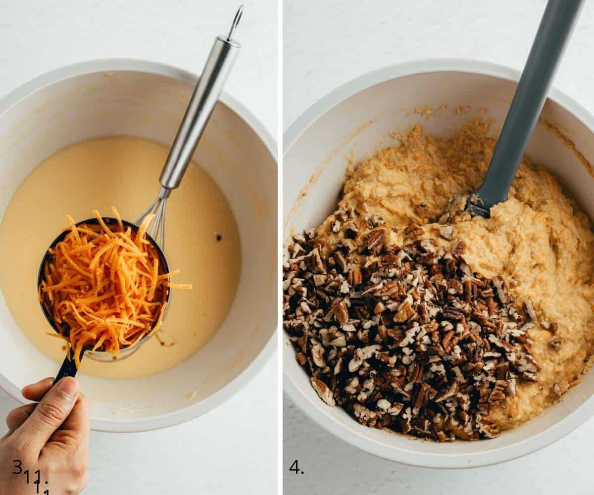 adding carrots and pecans to cake batter