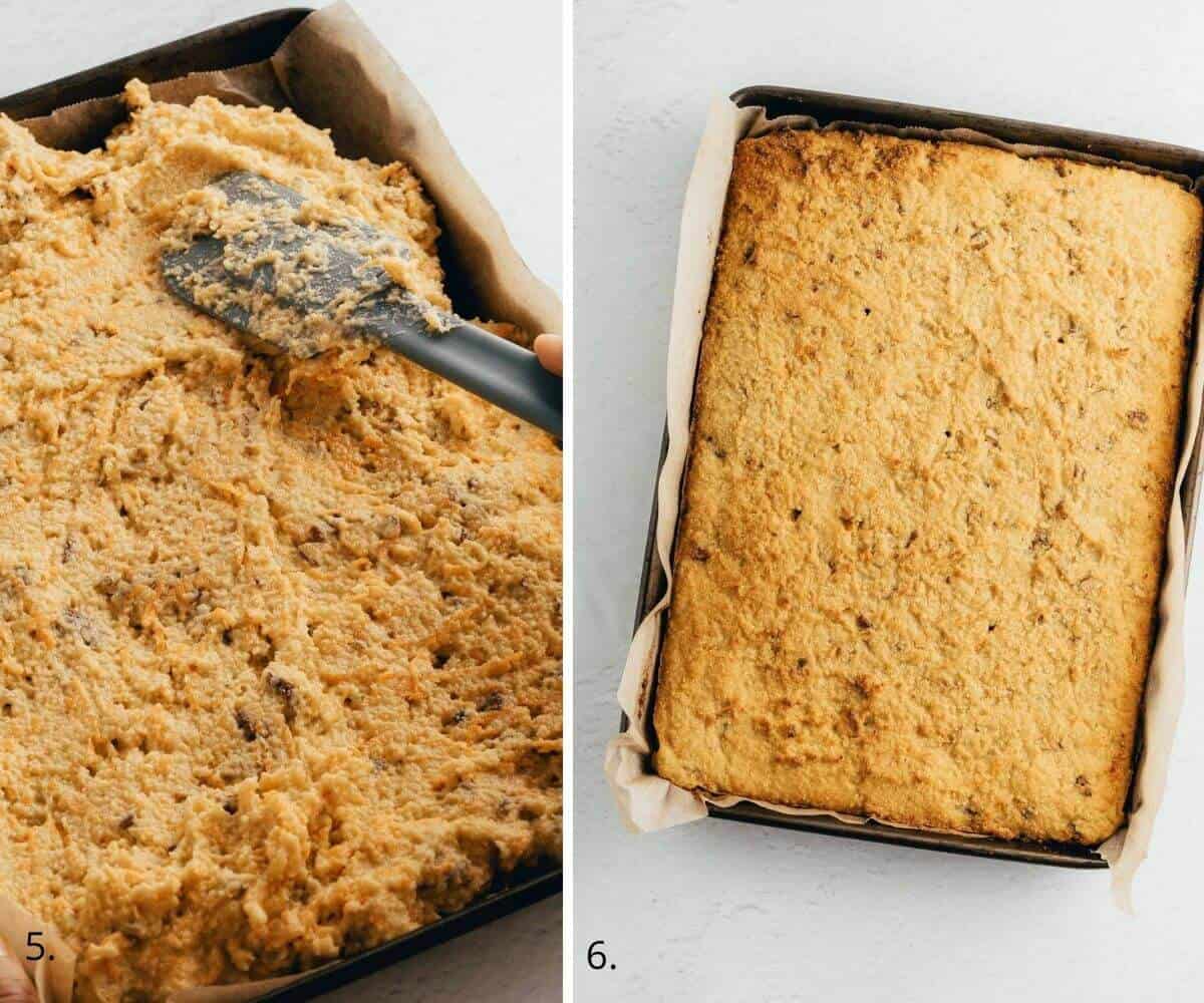 cake in sheet pan before and after cooking