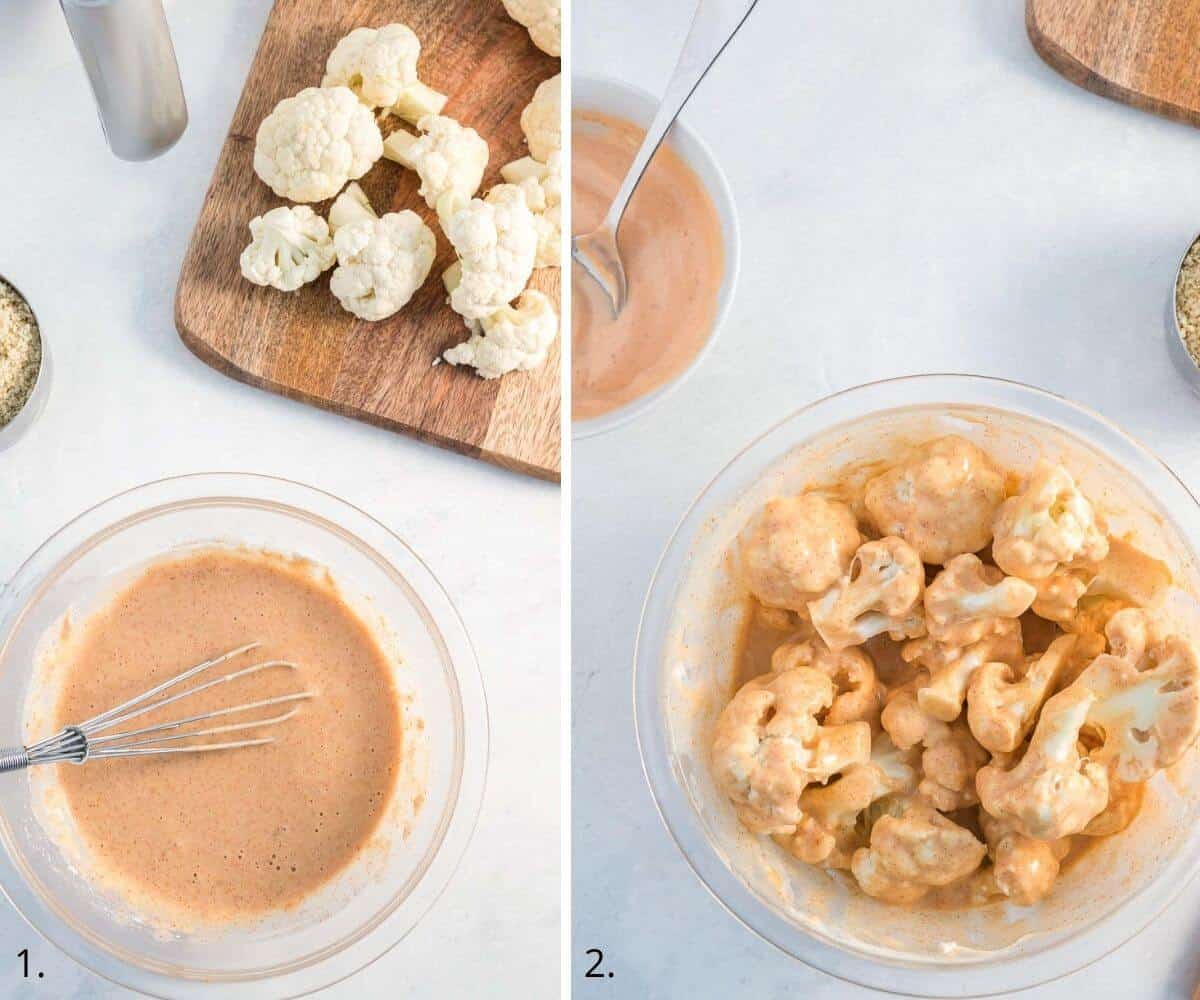 cauliflower bites in a bowl of batter