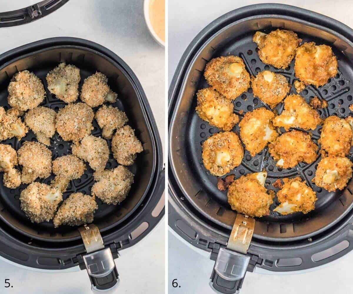 breaded cauliflower in air fryer basket