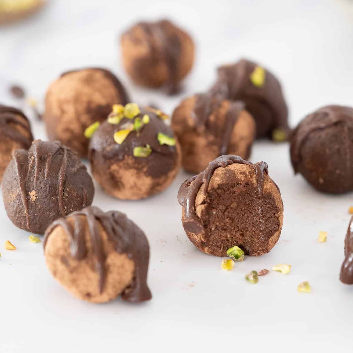 chocolate avocado truffles with bite taken out