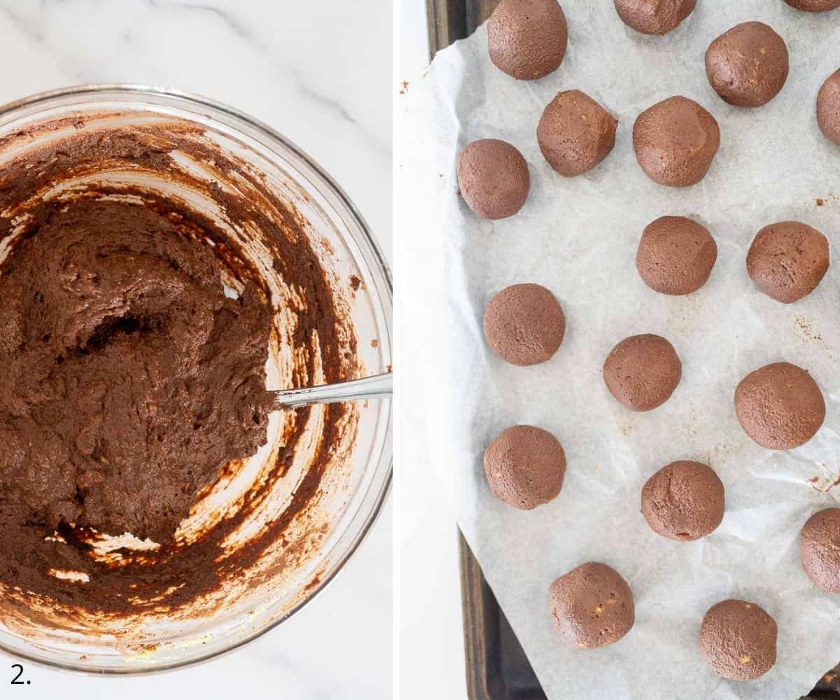 chocolate avocado truffle mixture rolling into balls