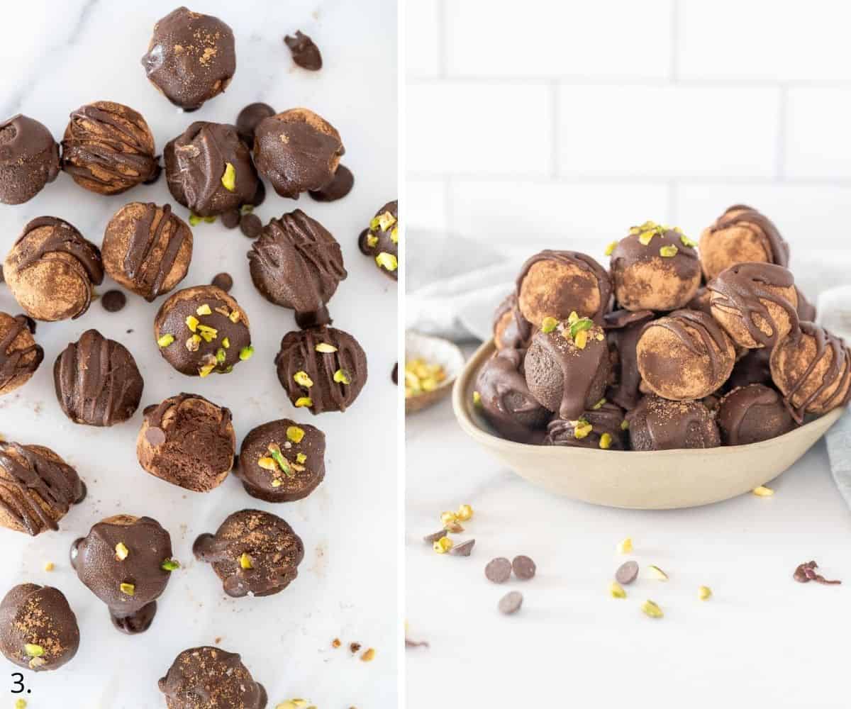 chocolate avocado balls decorate with chocolate drizle and nuts