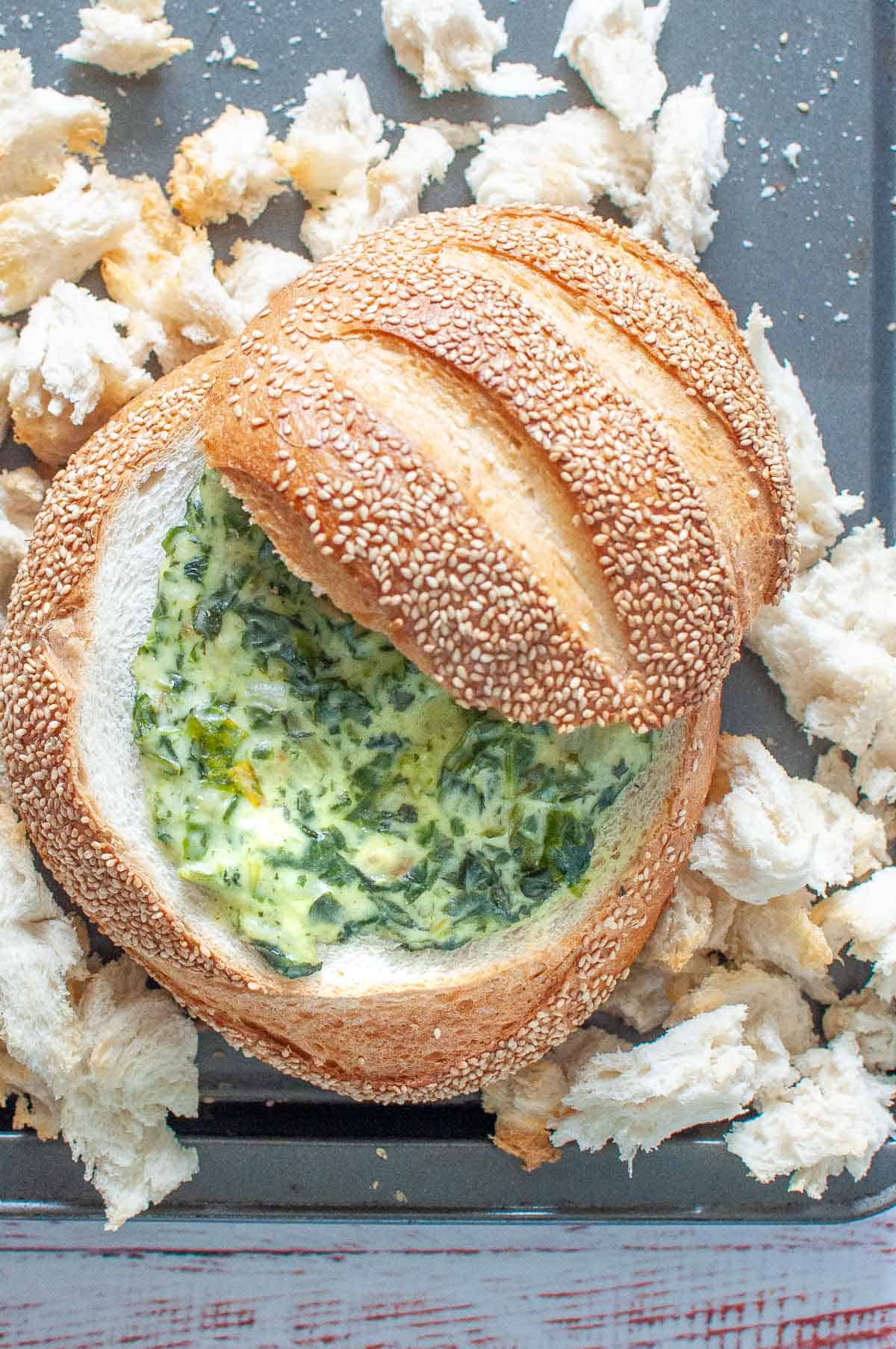 Creamy spinach cob load with bread chunks