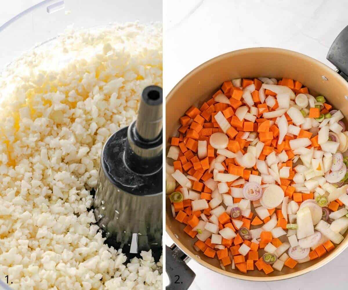 riced cauliflower, carrot, and onion in  a pot