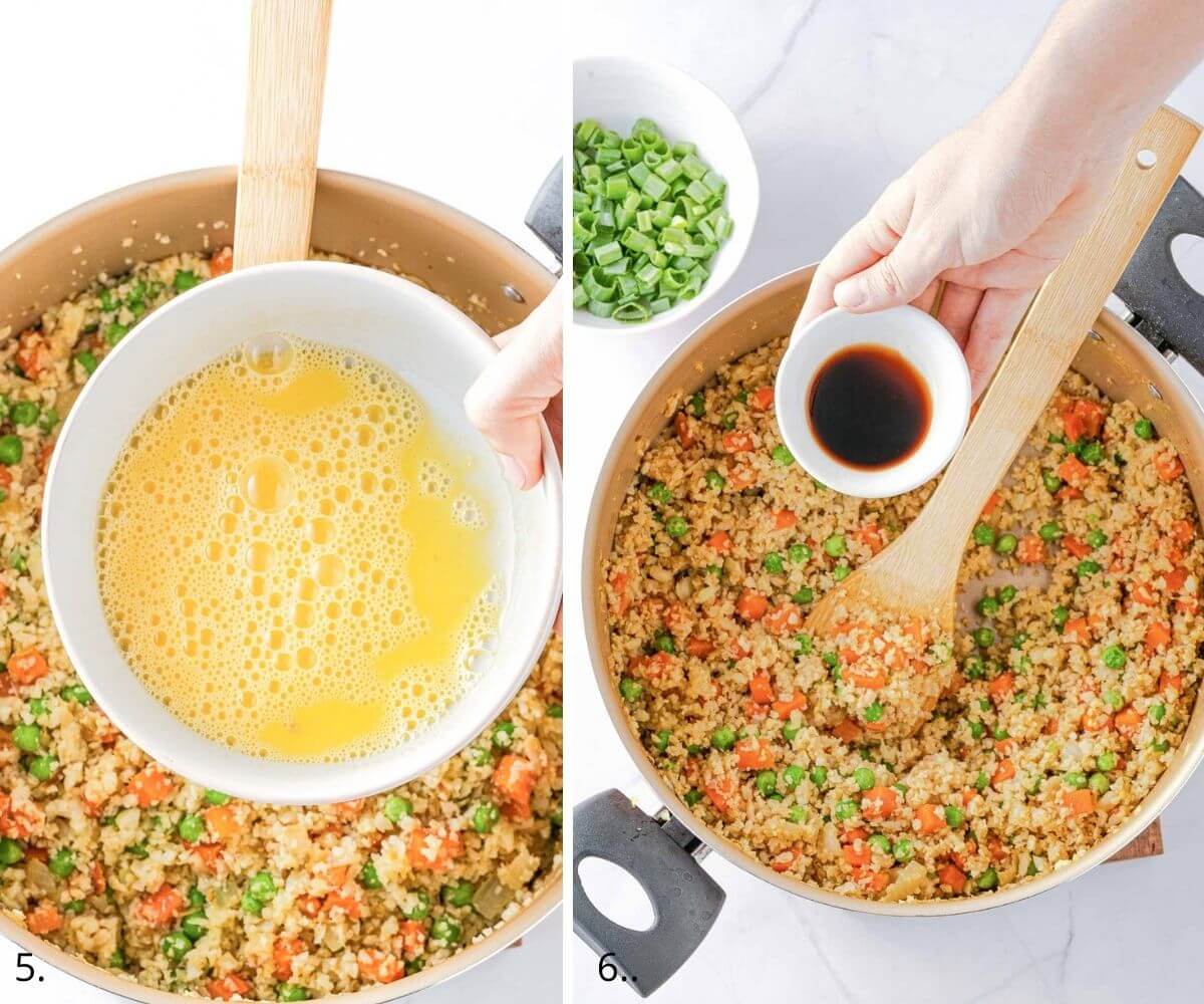 Adding beaten eggs and soy to cauliflower fried rice