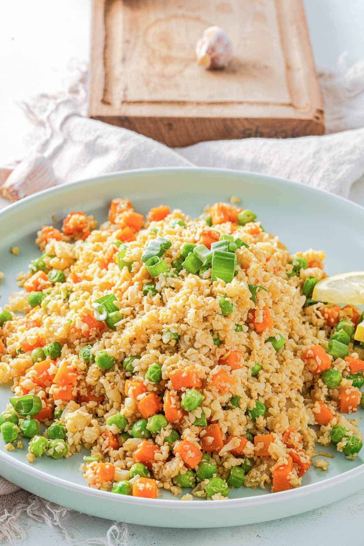 cauliflower fried rice with egg on a plate ready to serve