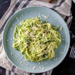 Garlic Parmesan Zucchini Noodles on a blue plate