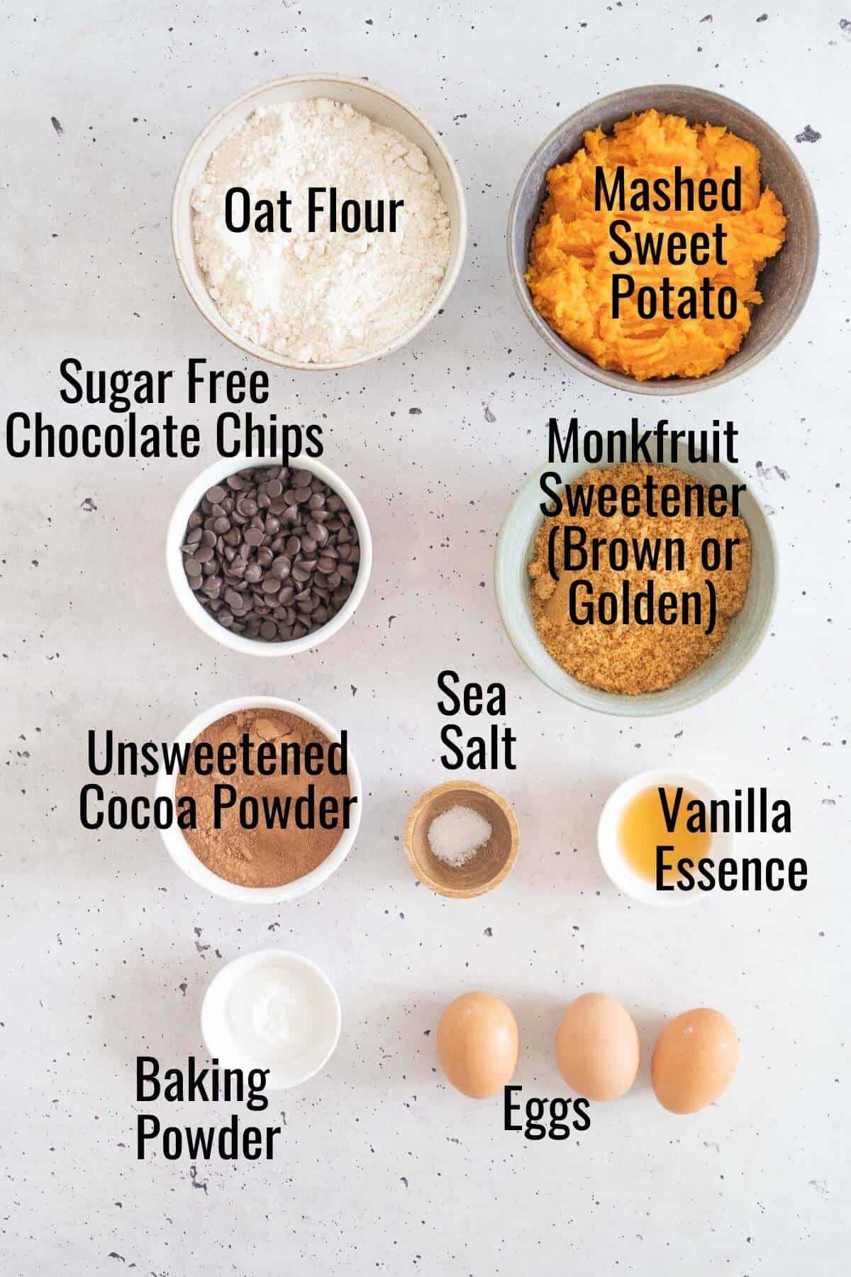 Ingredients to make sweet potato chocolate muffins with oat flour