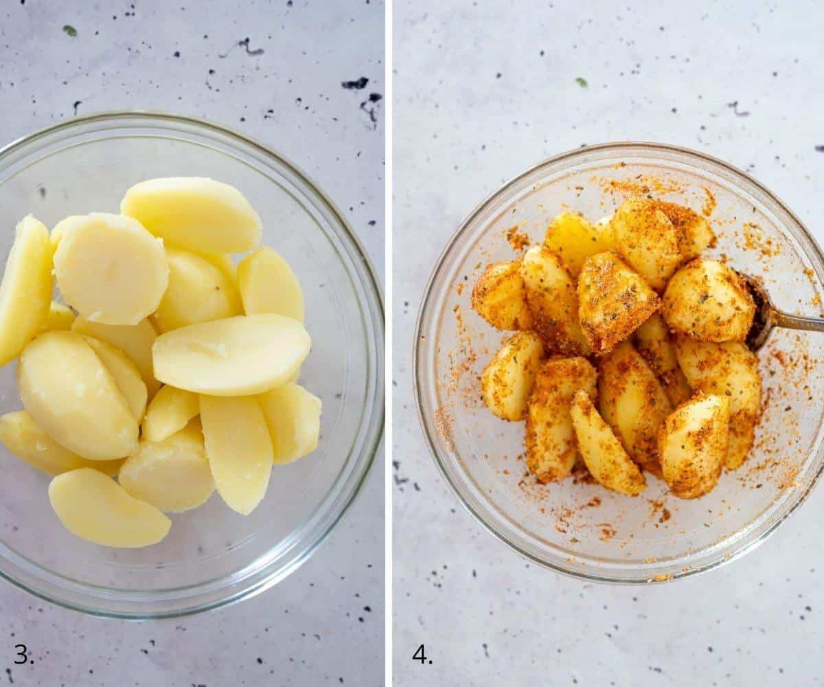 par boiled potatoes in a dish with spice mix