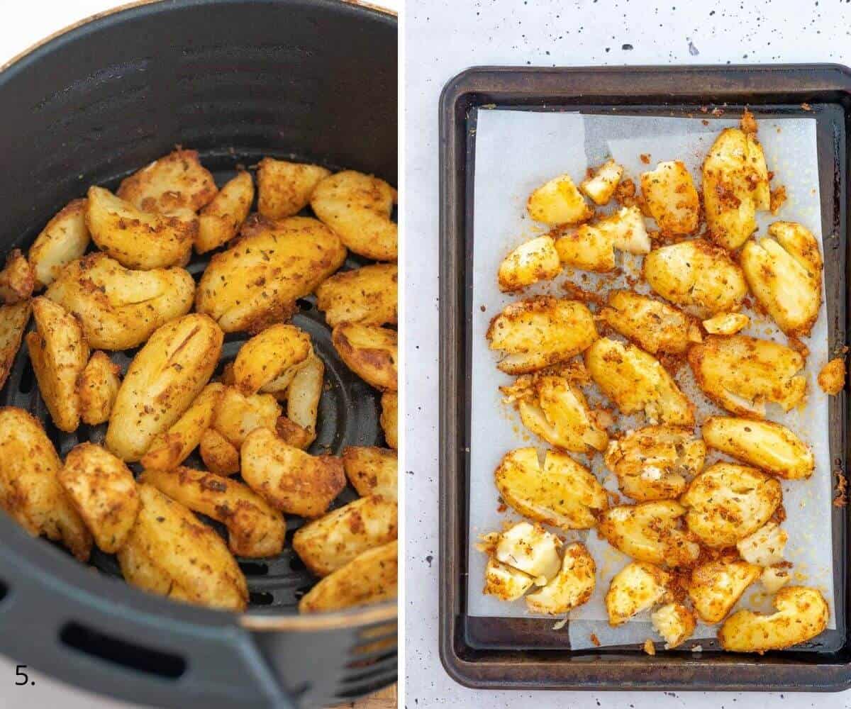 cooked air fryer smashed potatoes on a tray