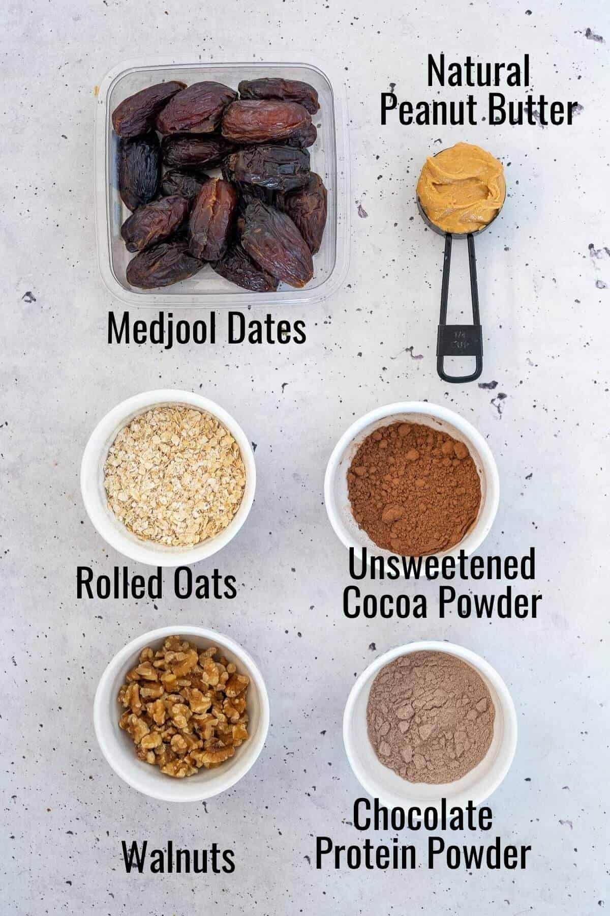 Ingredients to make Chocolate date protein balls