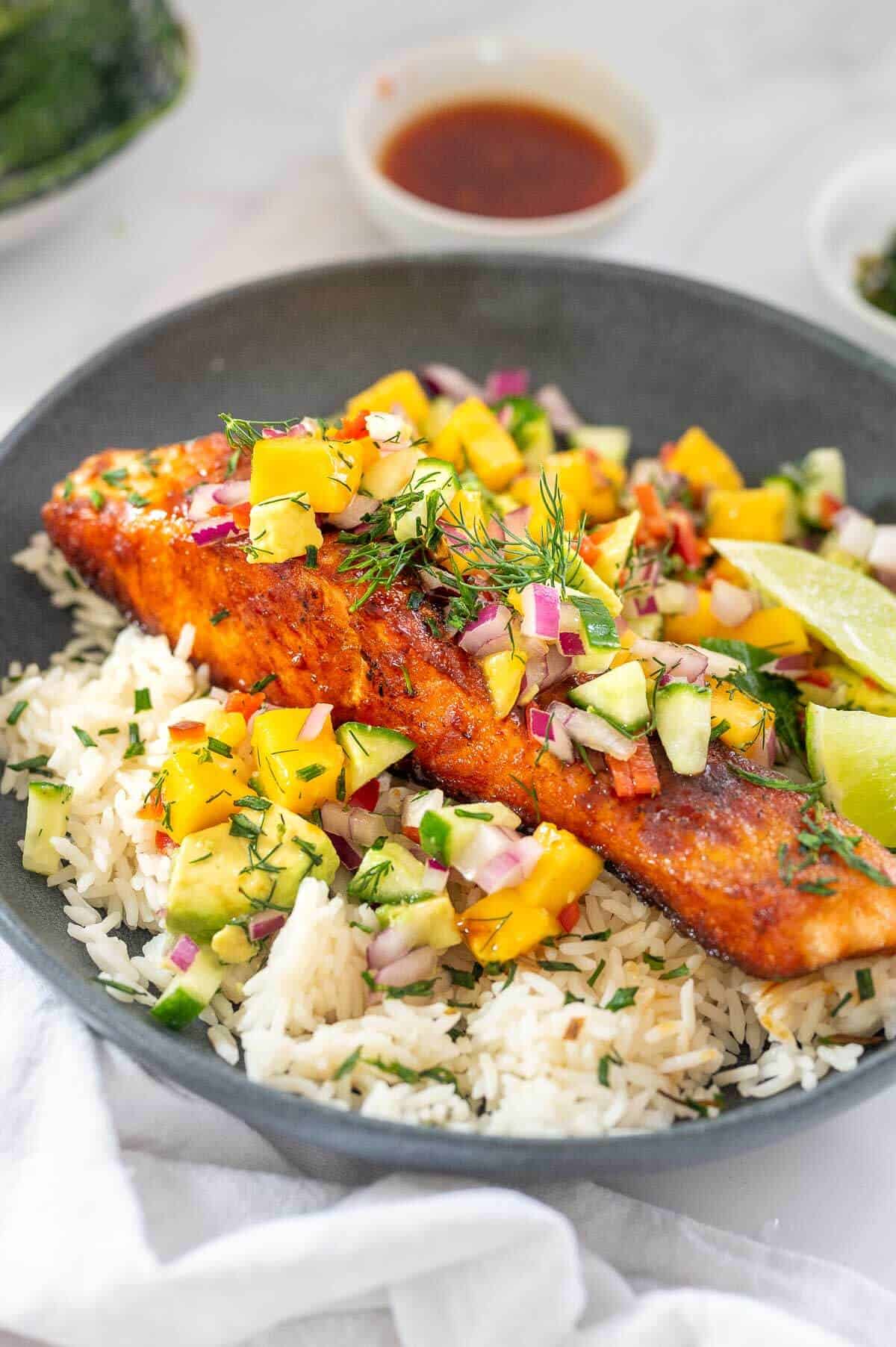 crispy salmon with mango salsa and rice