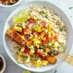 Asian glazed salmon with pineapple salsa and cous cous