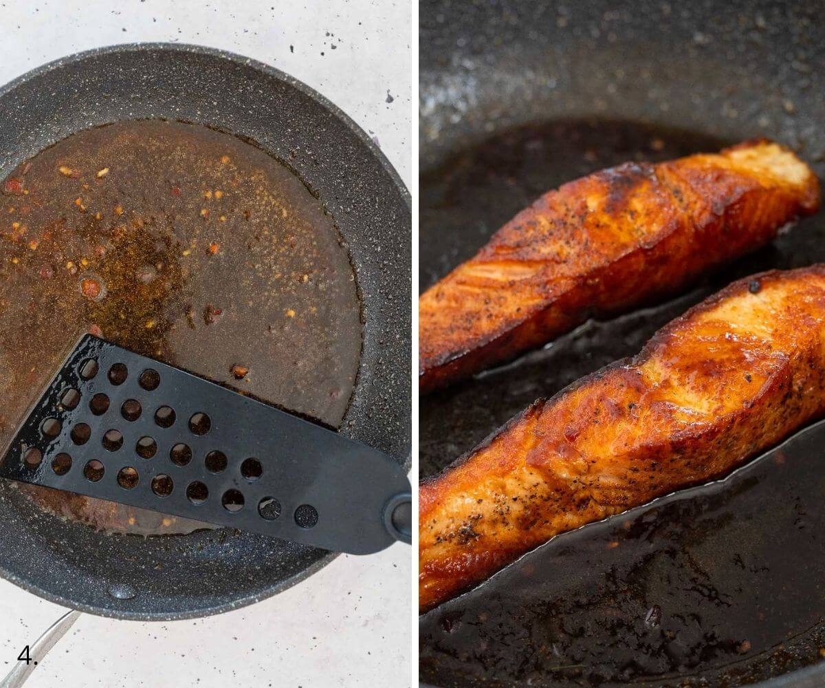 glazing salmon in a pan