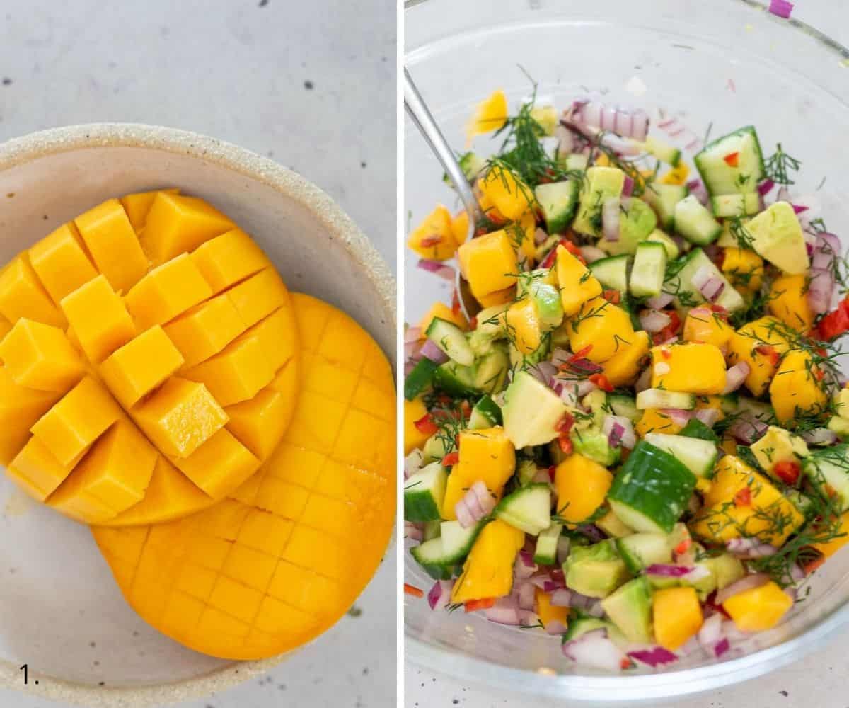 mango salsa in a glass bowl