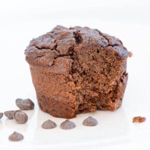 black bean chocolate muffin with a bite out