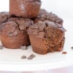 choclate black bean muffins stacked on a platter