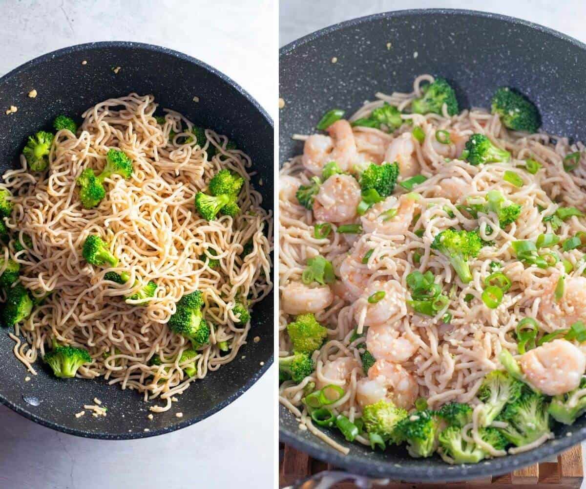 prawns with noodles and broccoli in a wok