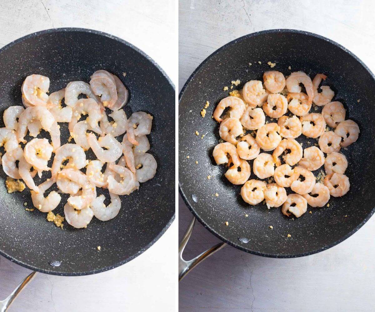 prawns cooking with garlic in a wok