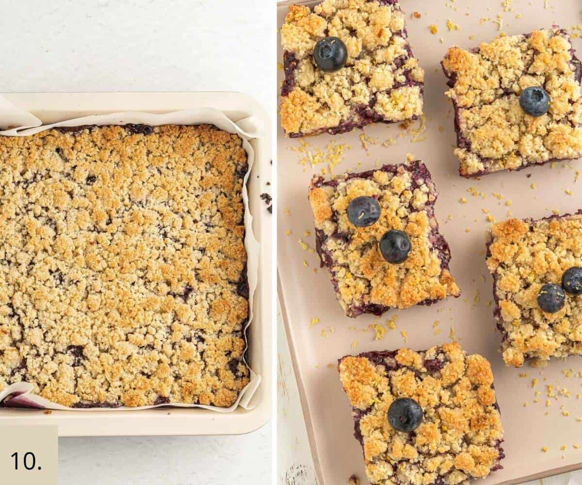 baked berry crumb bars in pan straight out of oven