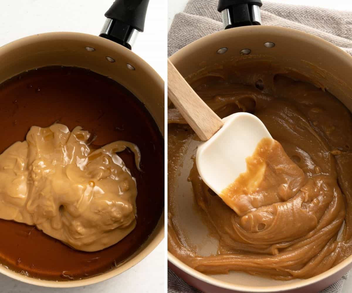 mixing syrup and nut butter in a bowl