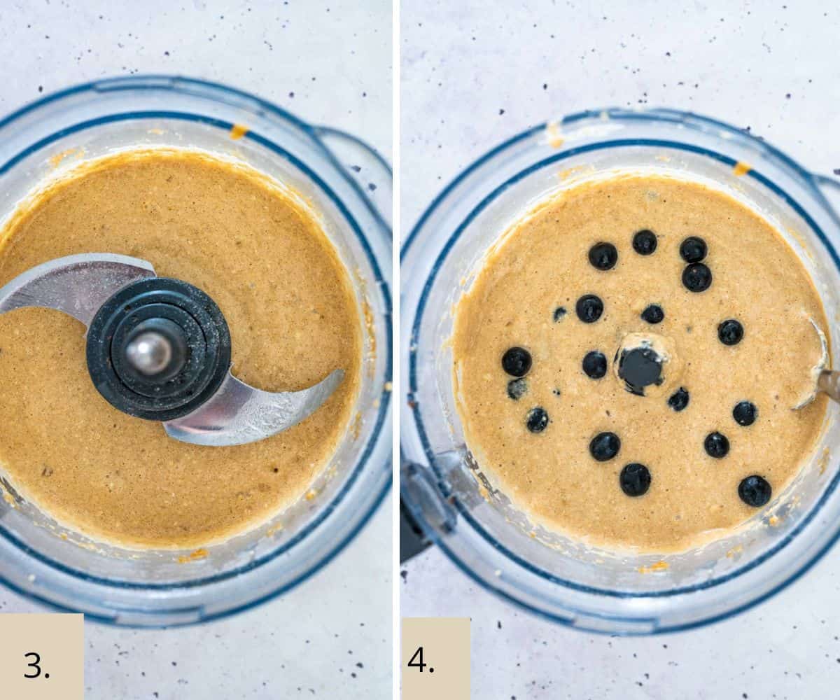 banana blueberry oatmeal muffin batter in a food processor