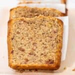 a single slice of oat flour banana bread resting on a platter