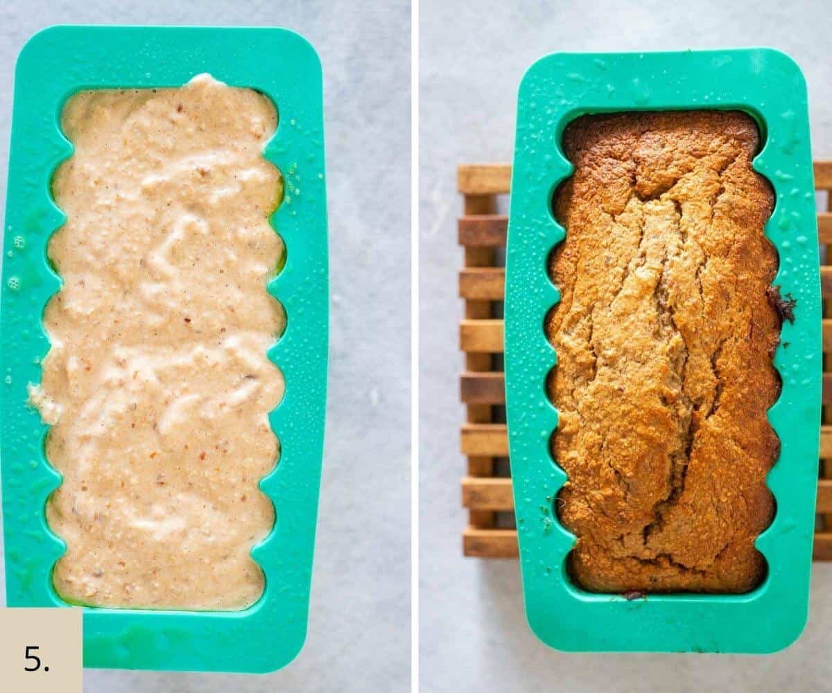 banana bread loaf before and after out of oven