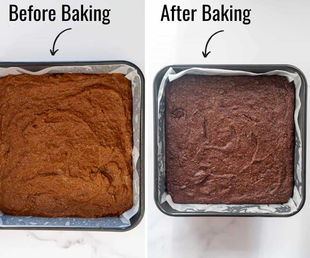 side by side healthy pumpkin brownies before and after baking