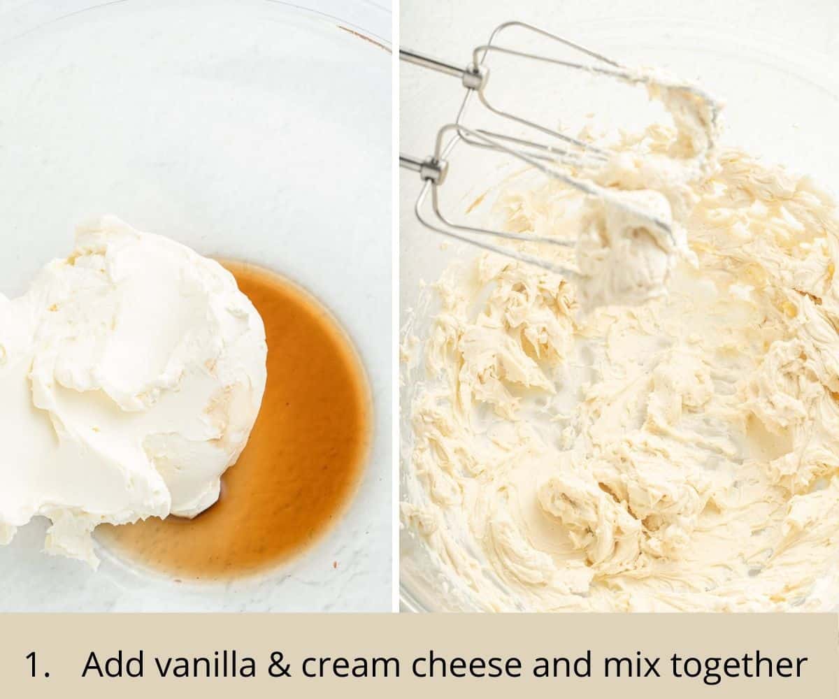 mixing vanilla essence and cream cheese in a bowl