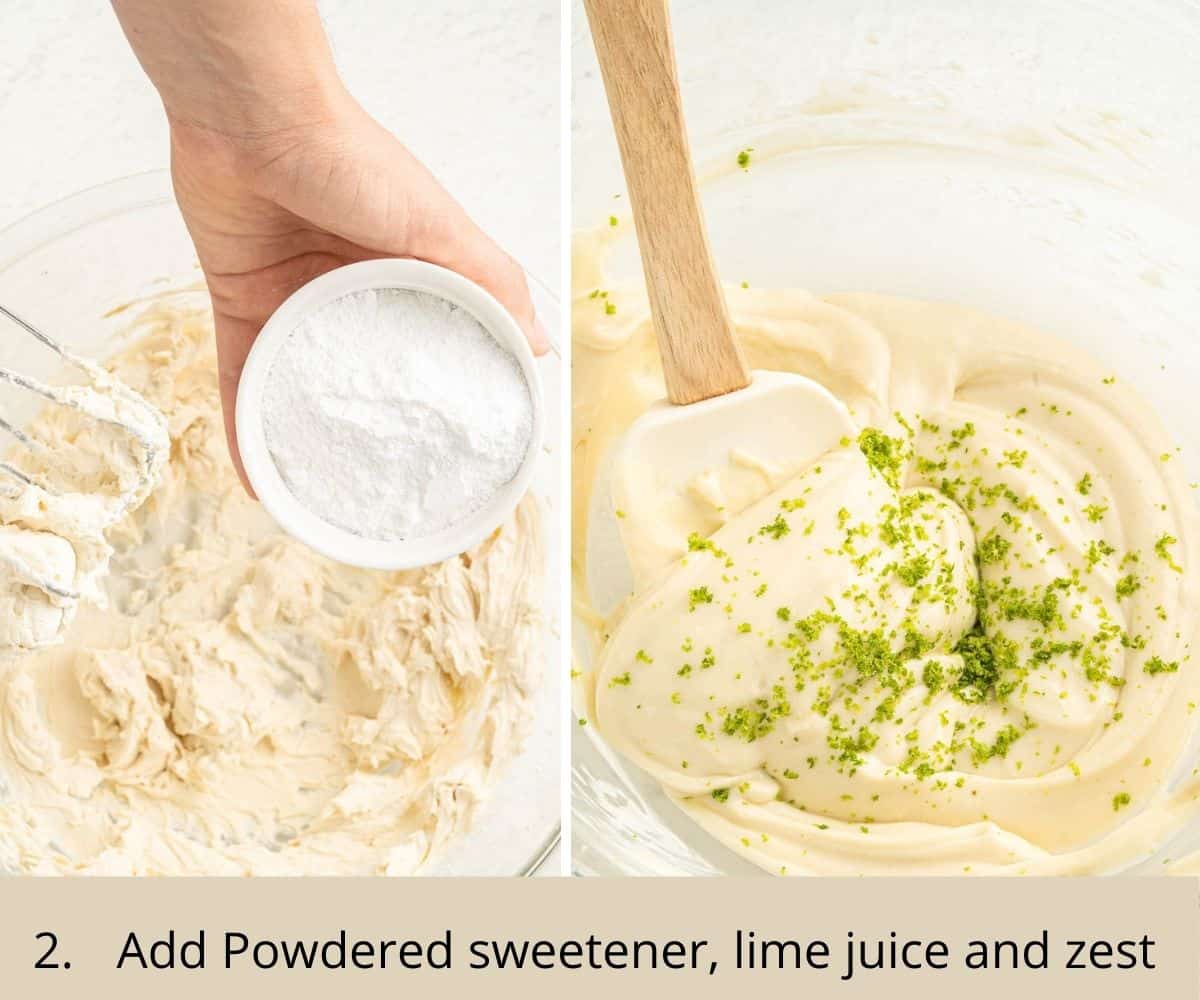 adding powdered sugar and lime to cheesecake balls