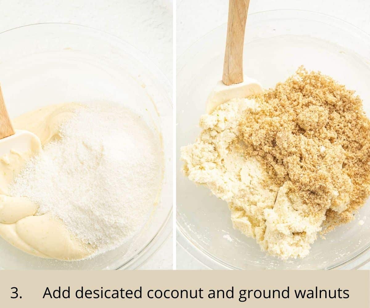 adding coconut and ground walnuts to cheesecake ball mixture