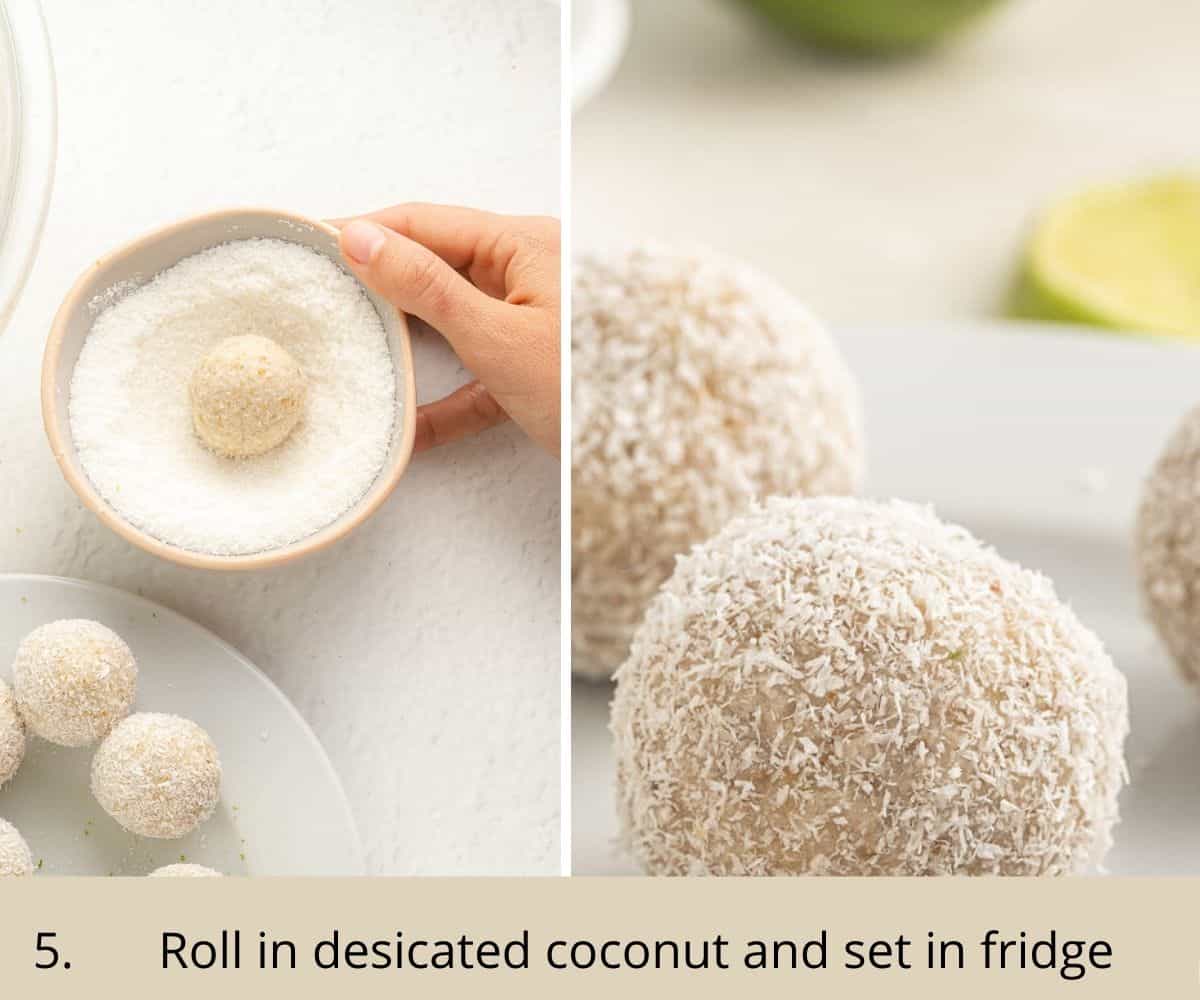 rolling cheesecake balls in desicated coconut