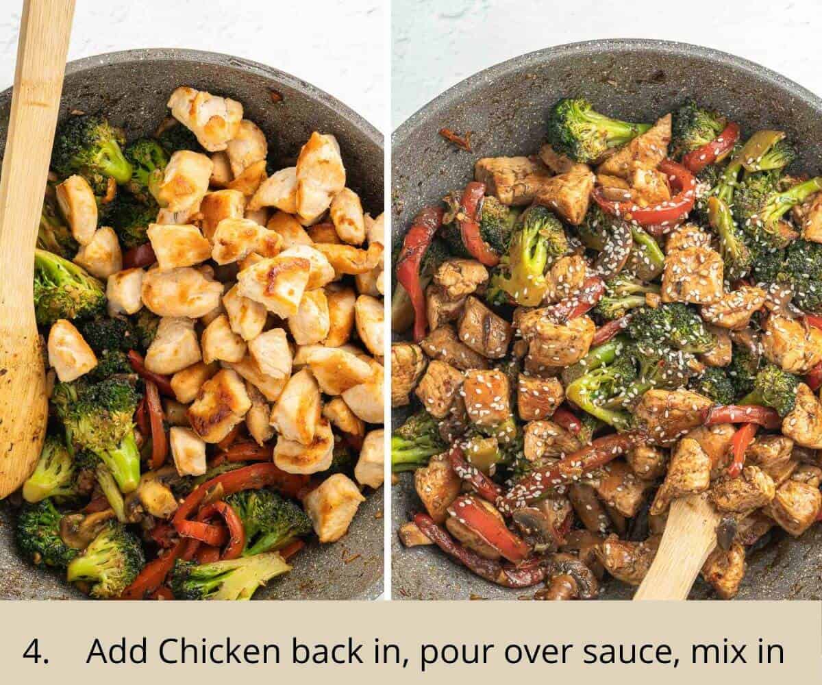 cooking chicken broccoli, mushroom and bell pepper with brown sauce